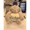 Peluche avec couverture personnalisée Prénom "Victor", police V6, couleur gris foncé.