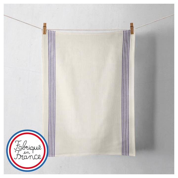 Torchon écru rayé bleu fabriqué en France à personnaliser