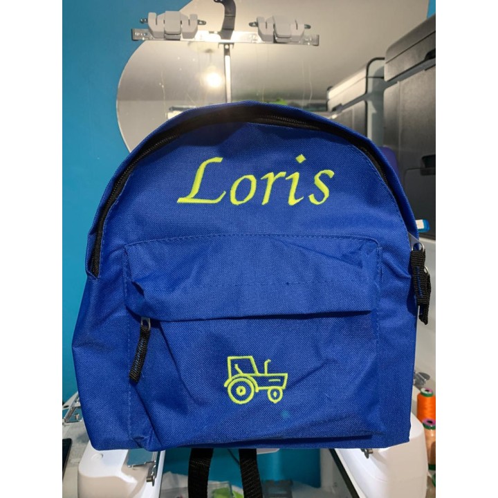 Sac à dos bleu royal personnalisé prénom Loris avec motif optionnel tracteur