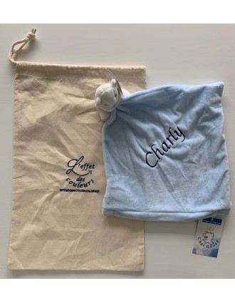 Doudou ourson bleu personnalisé prénom avec son sac de transport offert