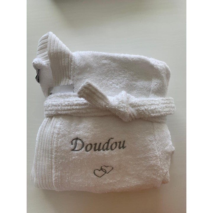 Peignoir blanc personnalisé Doudou avec motif double cœur optionnel