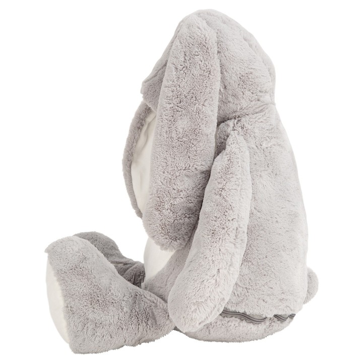 Vue de côté : peluche lapin gris géant