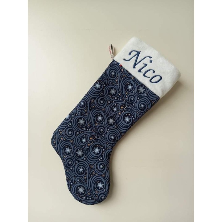 Botte de noël bleu avec motifs personnalisée prénom Nico