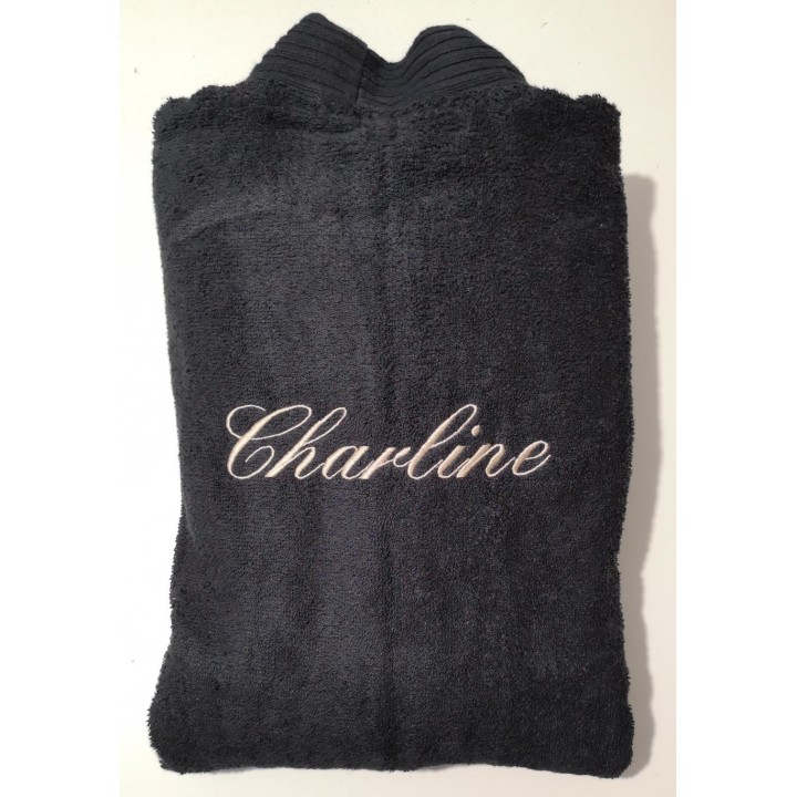 Peignoir noir personnalisé brodé dos prénom Charline
