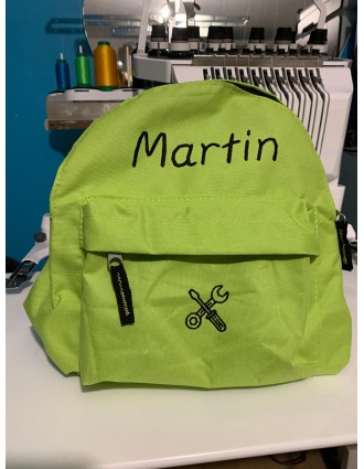 Sac à dos vert pomme personnalisé prénom Martin avec motif optionnel outils