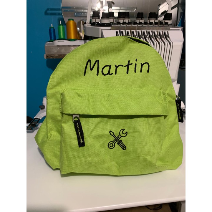 Sac à dos vert pomme personnalisé prénom Martin avec motif optionnel outils