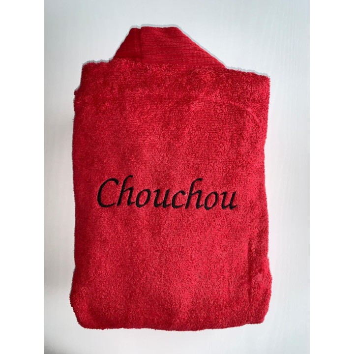Peignoir rouge personnalisé dos avec écriture V6, couleur noire