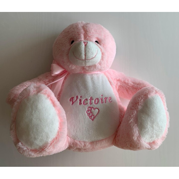 Peluche ourson rose personnalisée prénom Victoire