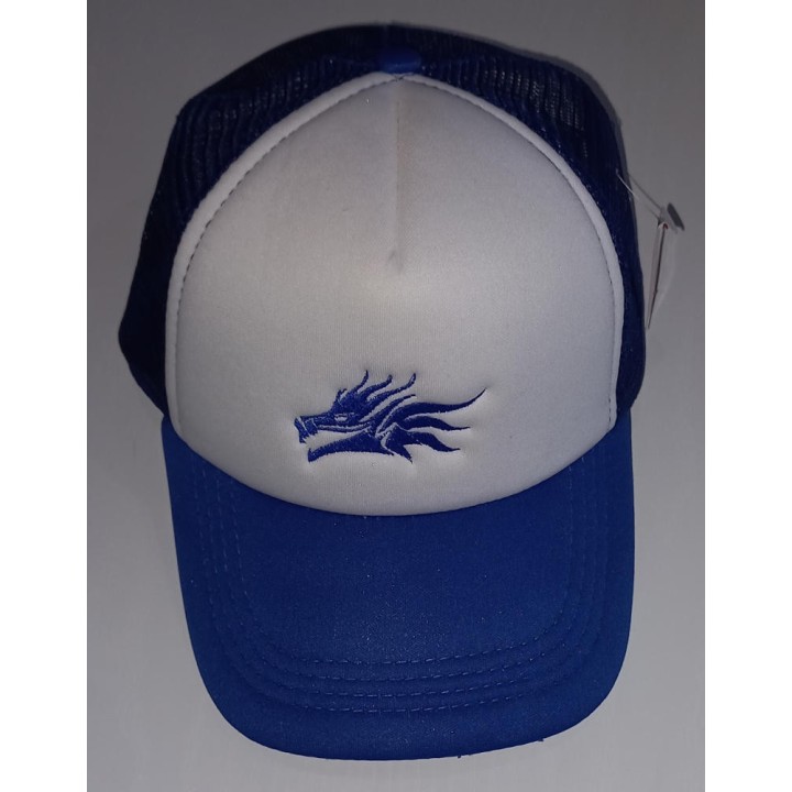 Casquette trucker blanche à visière bleu personnalisée avec motif sur demande