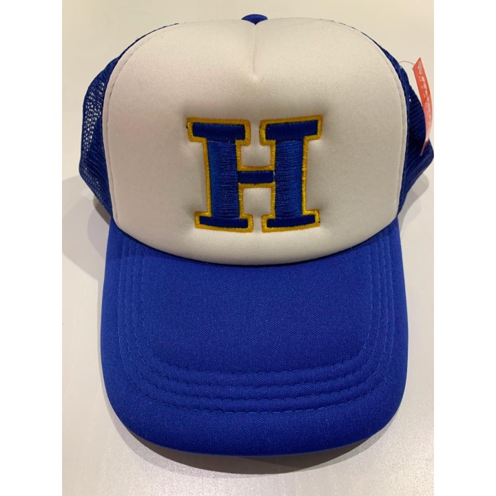 Casquette trucker blanche à visière bleu personnalisée à la demande