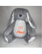 Peluche Lapin gris personnalisée prénom Aïna et cœur double orange fluo