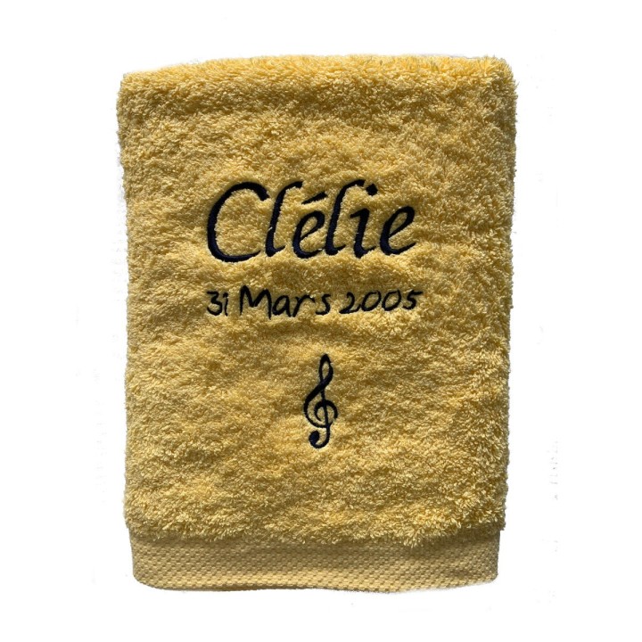 Drap de bain jaune citron personnalisé prénom avec date et motif optionnel