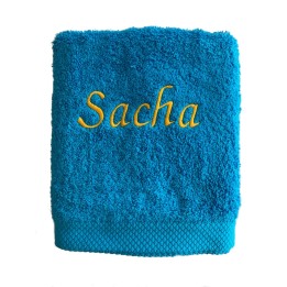 Drap de bain turquoise personnalisé prénom Sacha