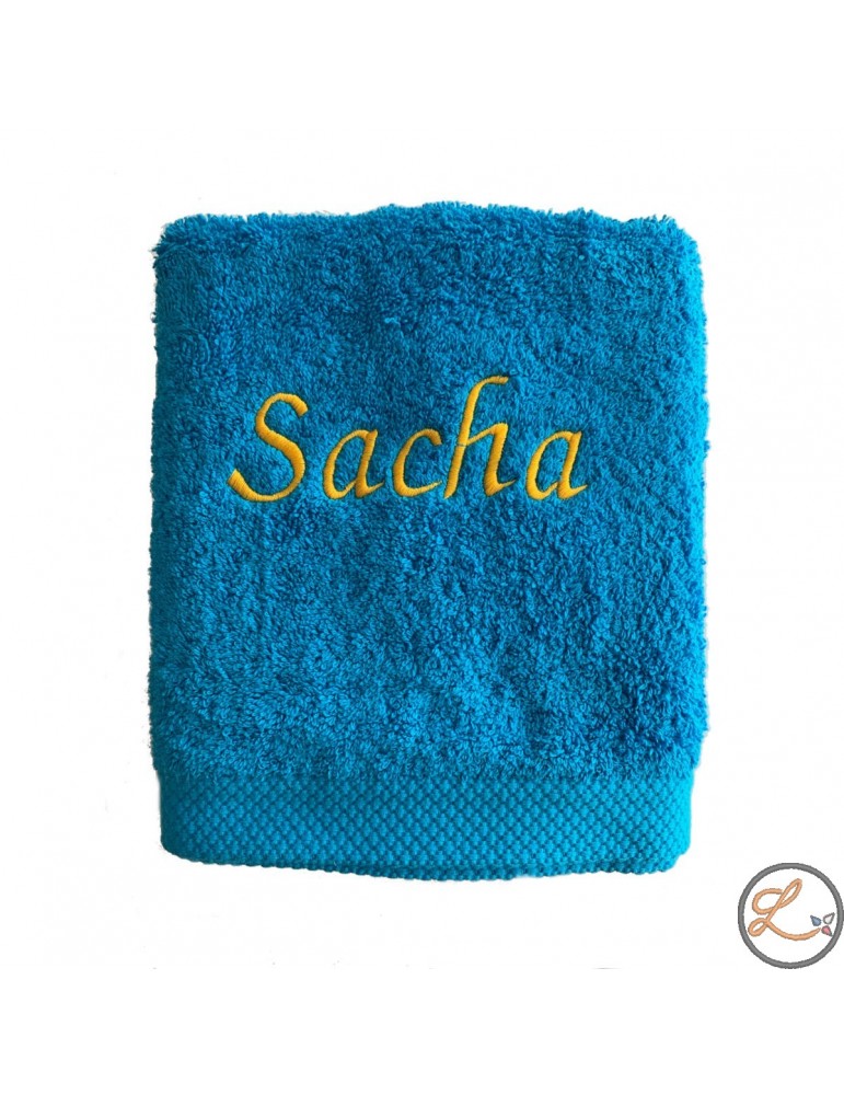Drap de bain turquoise personnalisé prénom Sacha