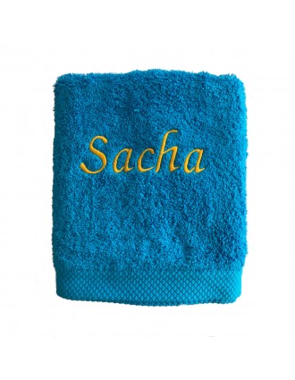 Drap de bain turquoise personnalisé prénom Sacha