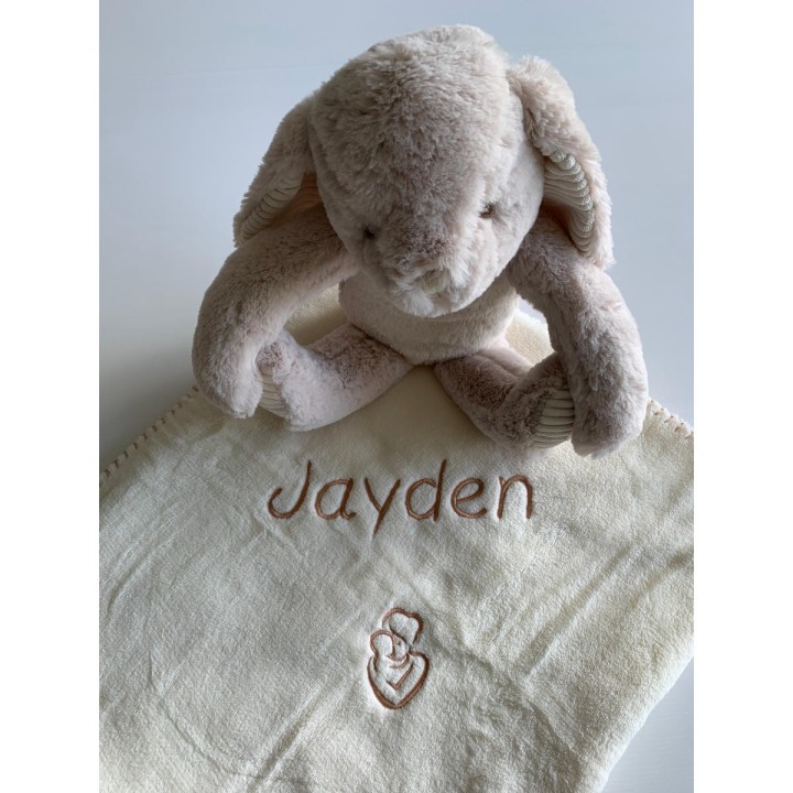 Peluche lapin avec couverture personnalisée prénom Jayden et motif maman