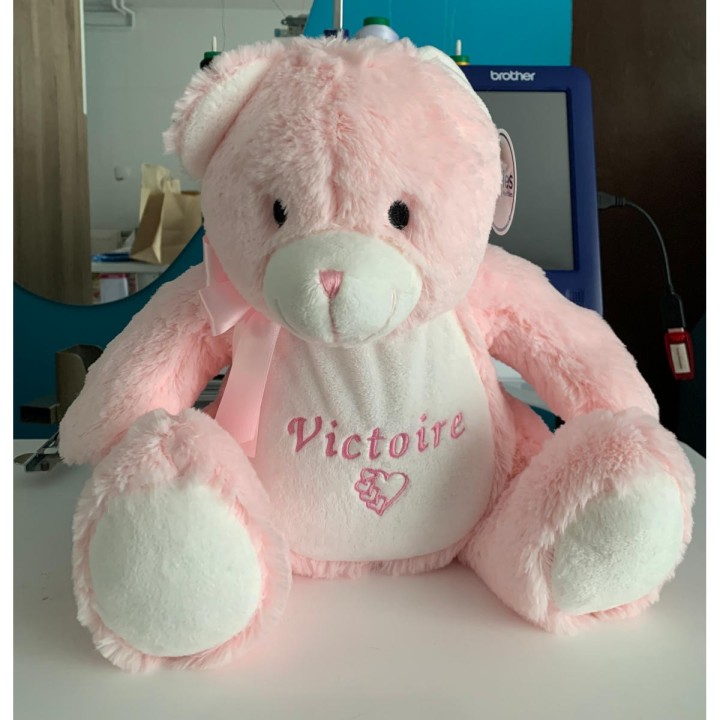 Peluche ourson rose personnalisé prénom Victoire