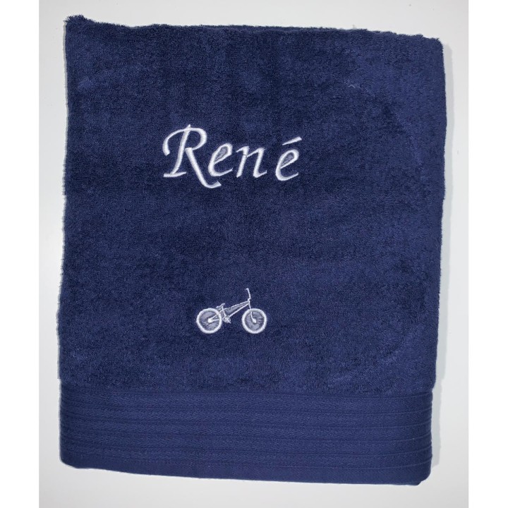Drap de bain bleu marine personnalisé prénom René