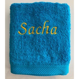 Serviette turquoise personnalisée prénom Sacha