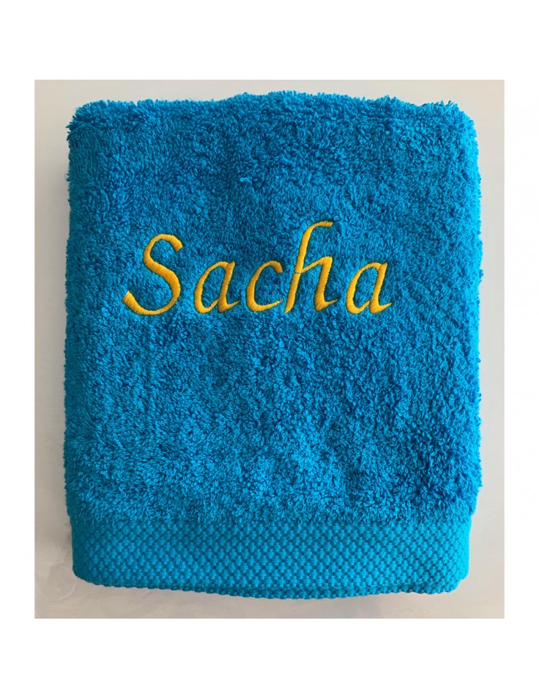 Serviette turquoise personnalisée prénom Sacha