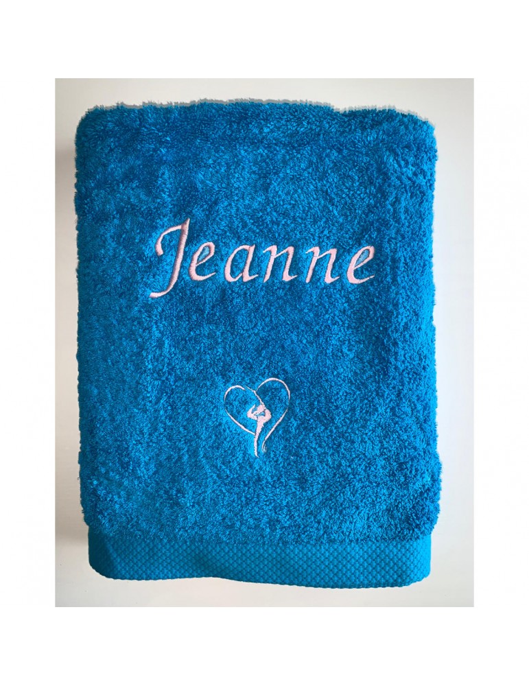 Drap de bain turquoise personnalisé prénom Jeanne avec motif optionnel GRS