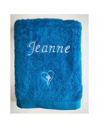 Drap de bain turquoise personnalisé prénom Jeanne avec motif optionnel GRS