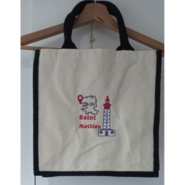 Sac cabas en jute personnalisé Saint-Mathieu avec anses couleur noire