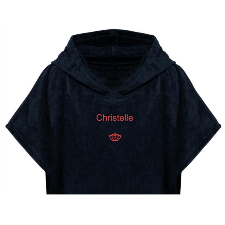 Poncho de bain bleu marine personnalisé prénom Christelle avec motif couronne