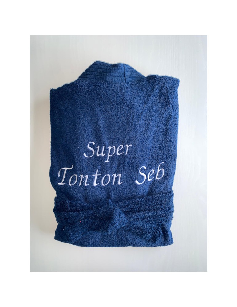 Peignoir bleu marine personnalisé dos Super Tonton Seb