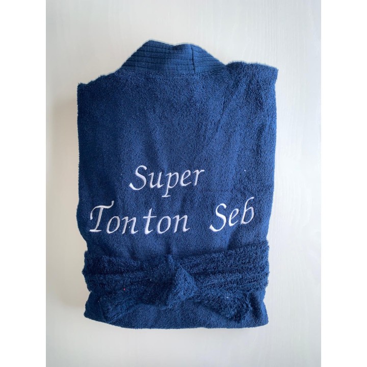 Peignoir bleu marine personnalisé dos Super Tonton Seb