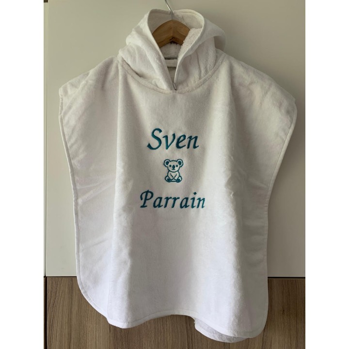 Poncho de bain blanc bébé personnalisé prénom Sven avec motif et dédicace Parrain