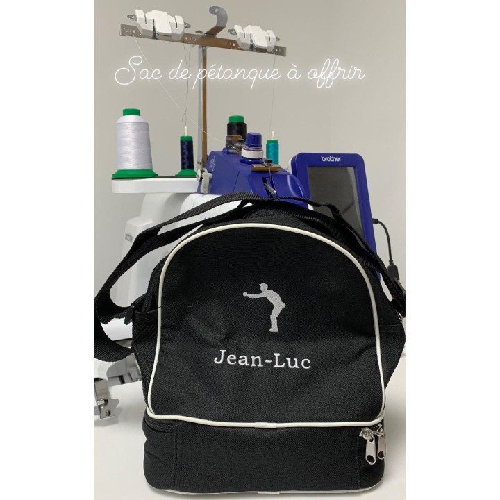 Sac de pétanque noir personnalisé avec prénom brodé Jean-Luc et motif bouliste