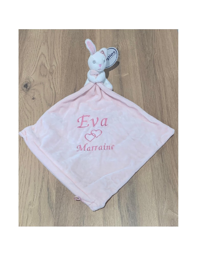 Doudou lapin rose personnalisé prénom Eva avec motif cœur double et dédicace Marraine