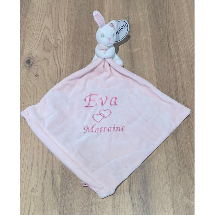 Doudou lapin rose personnalisé prénom Eva avec motif cœur double et dédicace Marraine