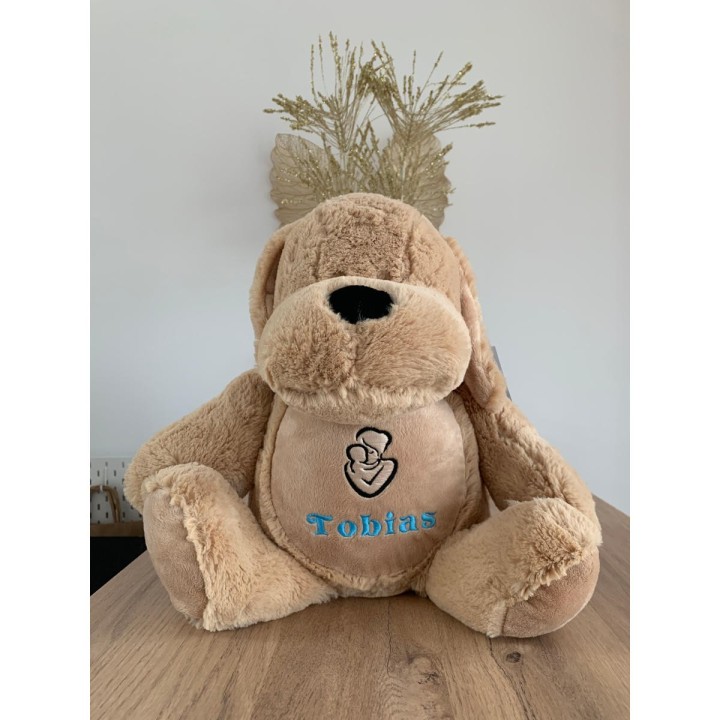 Peluche chien personnalisée naissance prénom Tobias et image un amour de maman