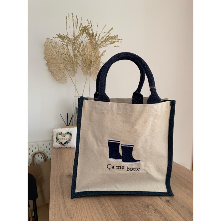 sac en toile de jute avec anses noires personnalisé avec bottes bretonnes