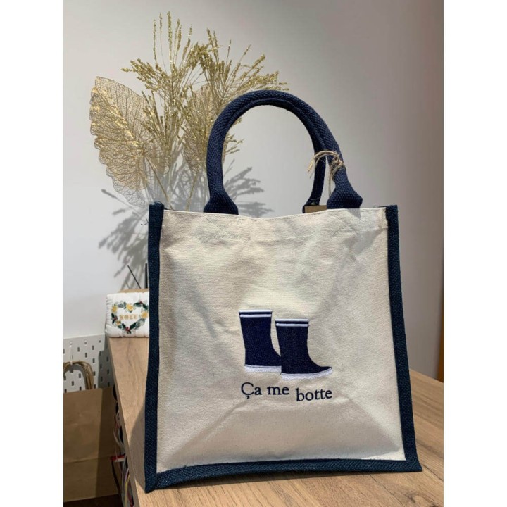 Sac cabas en toile de jute personnalisé avec dessin de bottes marines.