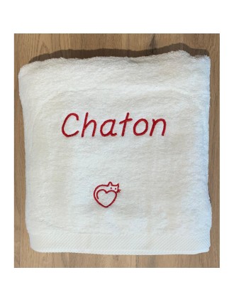 Drap de bain blanc personnalisé texte Chaton avec motif cœur chat