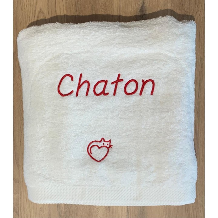 Drap de bain blanc personnalisé texte Chaton avec motif cœur chat