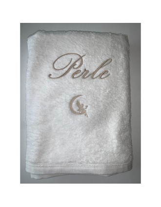 Drap de bain 100x150 blanc personnalisé prénom Perle avec motif Fée
