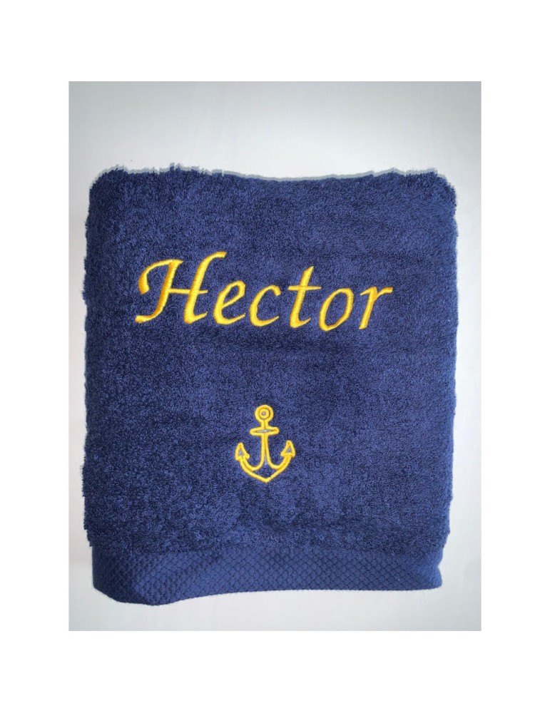 Serviette de bain bleu marine personnalisée prénom Hector avec motif ancre marine