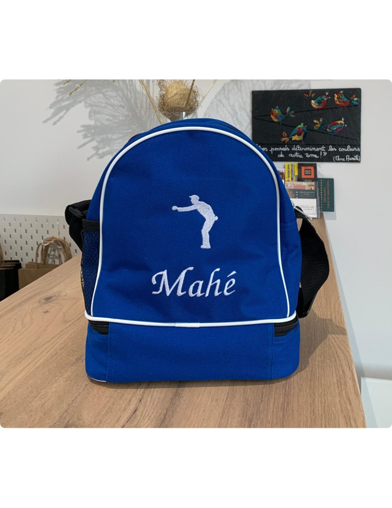 sac de pétanque bleu royal personnalisé avec prénom Mahé et motif bouliste