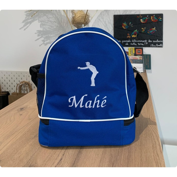 sac de pétanque bleu royal personnalisé avec prénom Mahé et motif bouliste