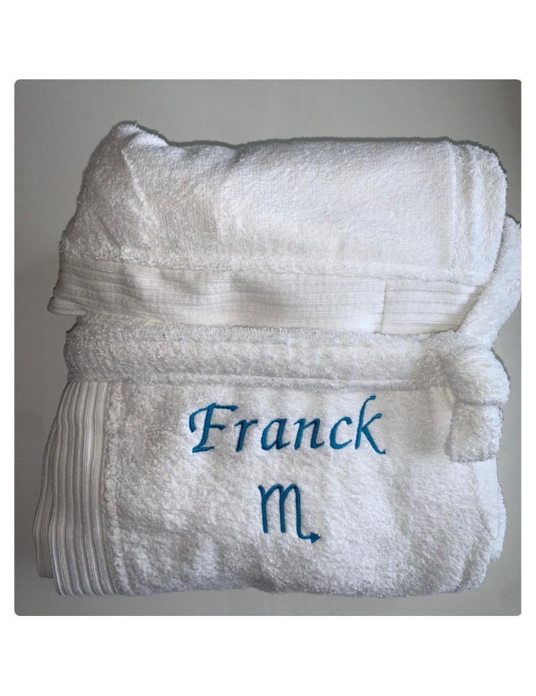 Peignoir blanc personnalisé prénom Franck avec signe astrologique