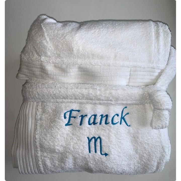 Peignoir blanc personnalisé prénom Franck avec signe astrologique