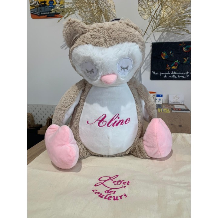 Peluche chouette personnalisée prénom Aline et son sac de transport offert