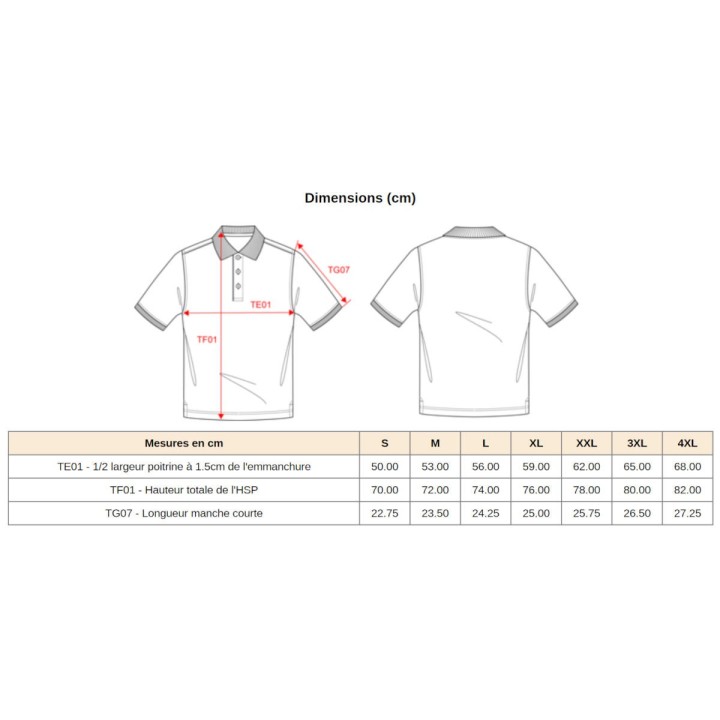 Dimensions du polo selon les tailles.
