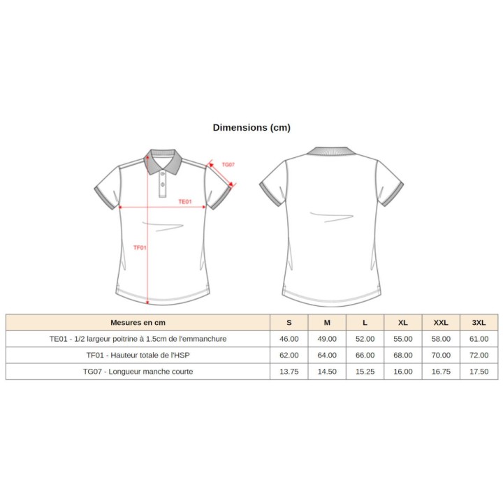 Dimensions du polo femme selon les tailles