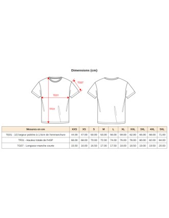 Dimensions du t-shirt blanc selon les tailles