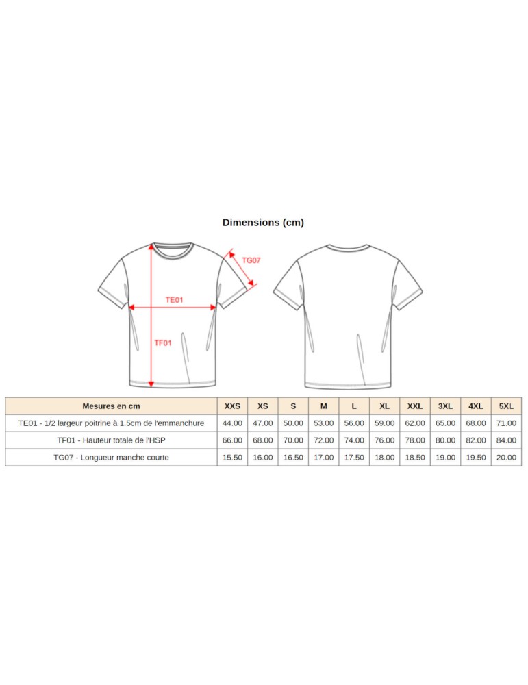 Dimensions du t-shirt rouge selon les tailles